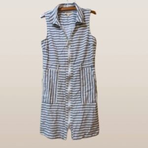 Hope & Harlow Shirt Dress Sz 12 Blue Ivory Striped Zip Front Linen Blend Resort